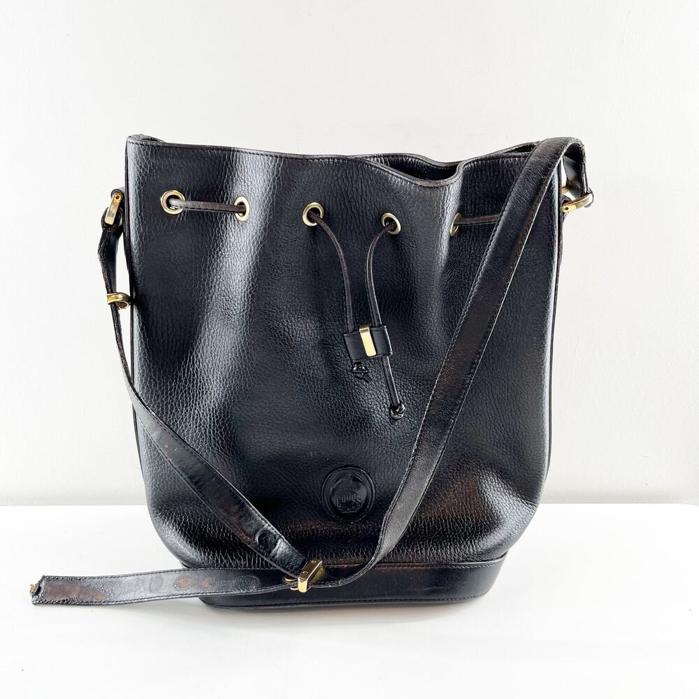 Mark Cross New York Pebbled Leather Cinch Drawstring Bucket Bag Vintage Black
